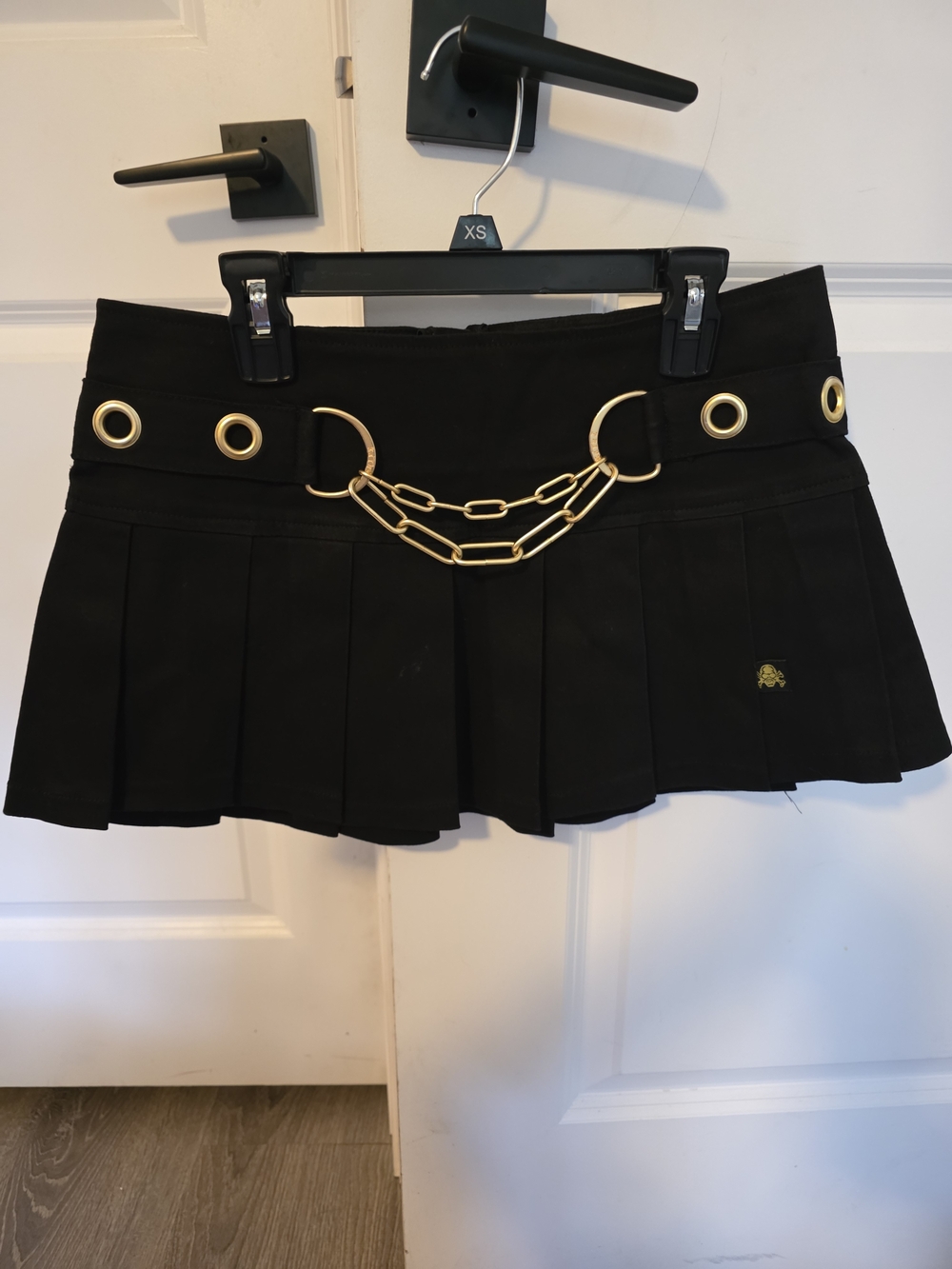 Tripp NYC Black Pleated Mini Skirt with Gold Chain Hardware